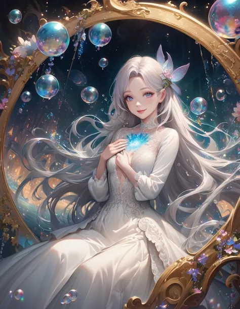 Woman in a dress、Silver Hair、 Very Long Flowing Hair 、Melting in the Starry Sky 、Lots of bubbles 、 Spiritual and Whimsical Bubbles ,  Moebius Style Whimsical , Dreamy details,  Intricate Whimsical ,  Close-Up Fantasy Using Water Magic, fairy tale artwork, ...