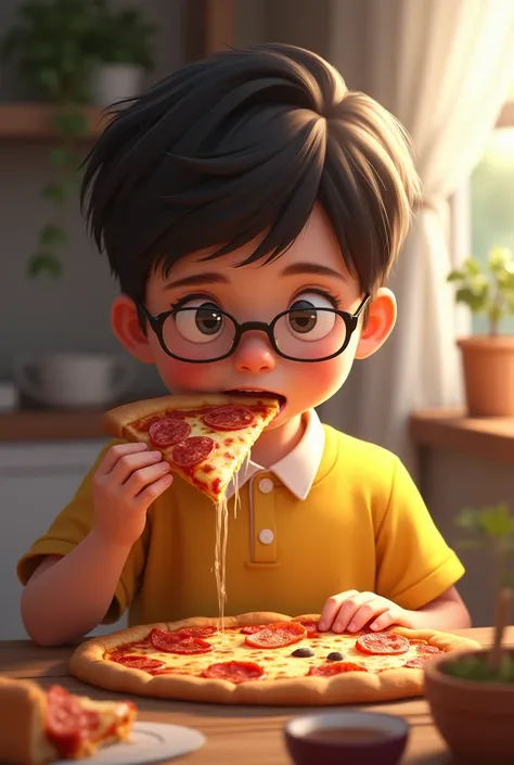 Short-haired boy wearing glasses, yellow shirt, white collar, eating pizza