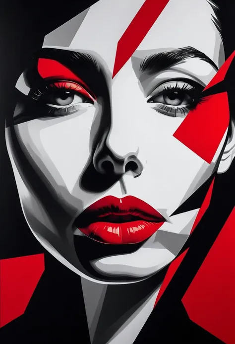 An abstract minimalist portrait in black, white, and red. The subject’s face is stylized with sharp geometric lines, and only the lips are highlighted in bright red, adding a bold contrast to the otherwise monochrome image.