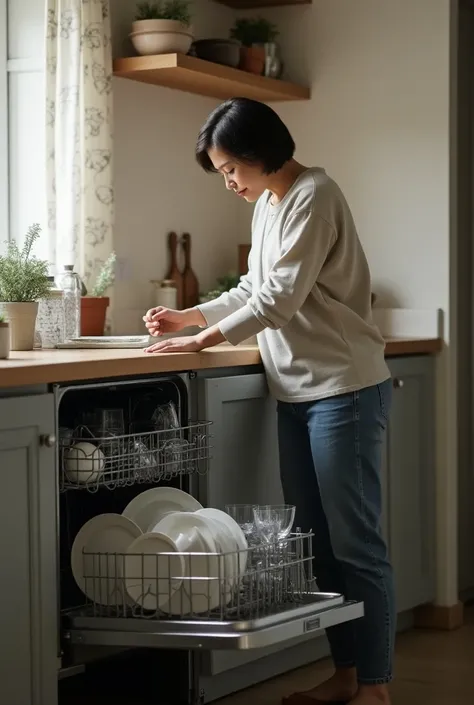 the person next to the dishwasher is open with the dishes in the interior