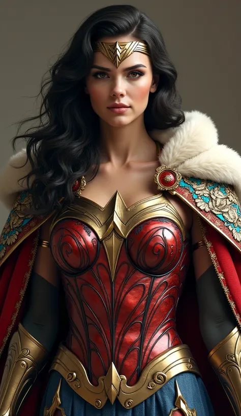 (photorealism:1.2), Chest up, Wonder Woman in Russian-inspired armor, adorned with intricate, colorful patterns similar to Russian folk art and Fabergé eggs. Wearing a fur-lined cloak and kokoshnik-style headdress, with armor detailing in rich red and gold...