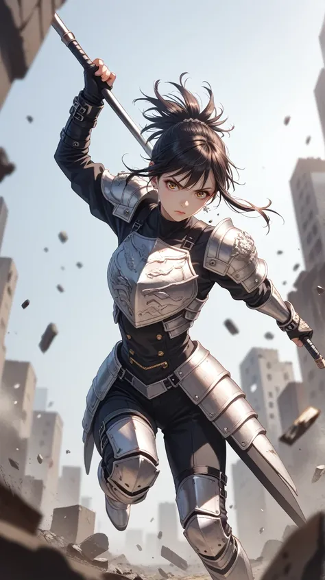 score_9, score_8_up, score_7_up, Portrait, girl, spacepunk knightgirl with a stern look, holding a weapon, jumping, character design inspired by Yoji Shinkawa and Tsutomu Nihei, black|yellow, battle-worn armored and elegant, rubble background, 4n1v3rs3, de...