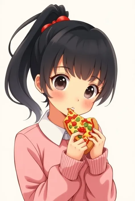 Girl with black hair tied at the side, wearing a pink shirt, collar, white collar, eating pizza