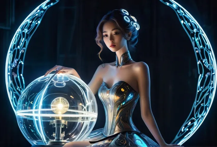  A mechanical beautiful woman in a glowing ball gown with glowing patterns on her skin, Semi-robot,  in a dark room , where you can especially see her glow ,  tall hair with glowing lamps in her hair , Surrealism