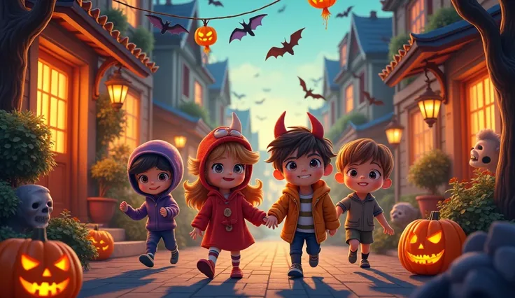 commercial poster in a street with Halloween decorations with several ren dressed up for Halloween who go door to door to houses where residents give candy