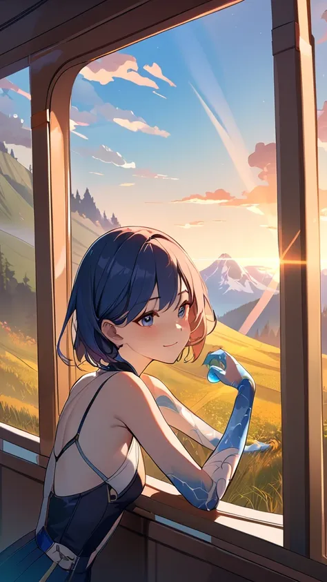 1 girl, ( cute face),  Short Hair,  Fantasy Anime Outfit ,  small breasts, Lively expression ,  Pottery Skin , break,  vibrant colors, ( bright light:1.3),  Contrasting Depiction , Refreshing Shadows ,  Vibrant Atmosphere , break,  Views from the Trans-Sib...