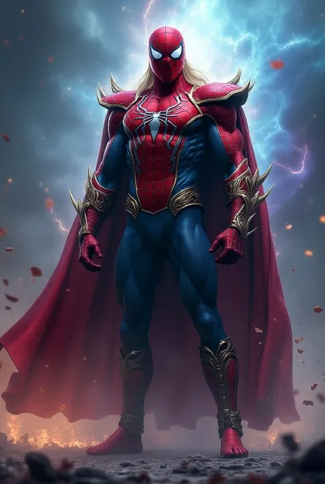 Create a picture of spiderman + thor with long hairs merging into one person