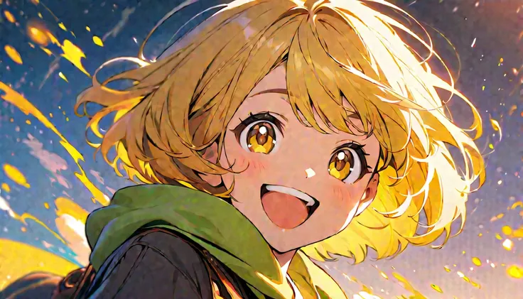 best quality, amazing intricate, cute girl, round eyes, happy, smile, medium breast,
(yellow hair, bob cut) and (yellow eyes),
from front, portrait, jumping,
She is wearing a hoodie.