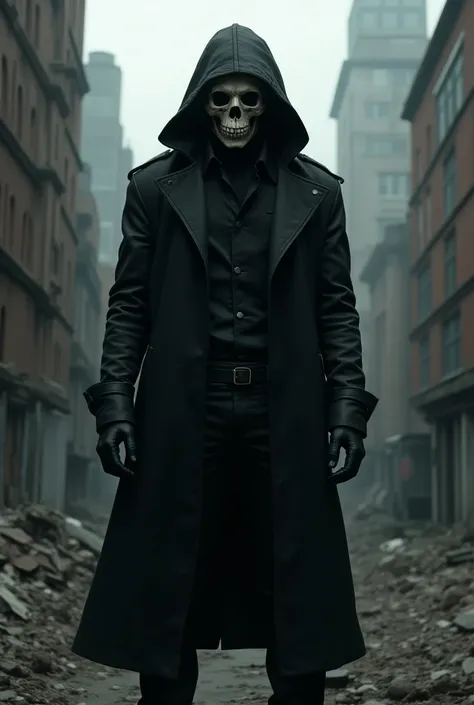 Male,white skull mask, black hooded trench coat, black medival shirt,in a dystopian city