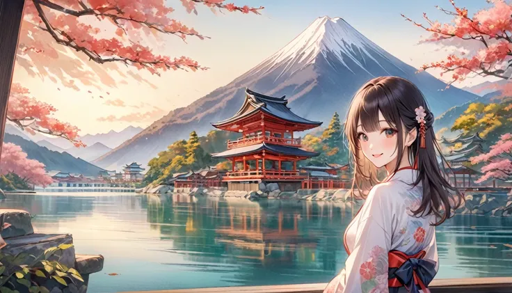  Beautiful woman, ， Look at me and smile , You can see a peaceful mountain in the distance , I can see the mountains, Baiyun, lake, shrine,  You can see the serene mountains ,  and a stylishly designed building.,  Japanese painting , art，Colored pencil dra...