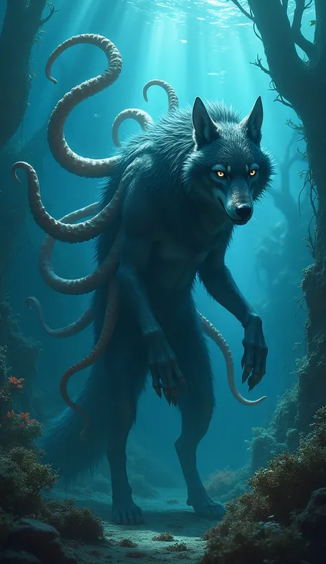 "A mysterious creature that combines a wolf and an octopus, featuring the sleek, muscular body and head of a wolf with intelligent eyes, and multiple tentacles extending from its back. It has an underwater background with bioluminescent glow."