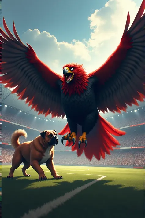 Angry black and red eagle with wings spread fighting in a soccer stadium against a mastiff dog breed