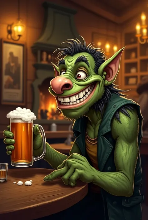 troll de la bande dessinée de (troll de troy)  ce tenant avec une choppe de bière en main avec un grand sourire dans un pub irlandais