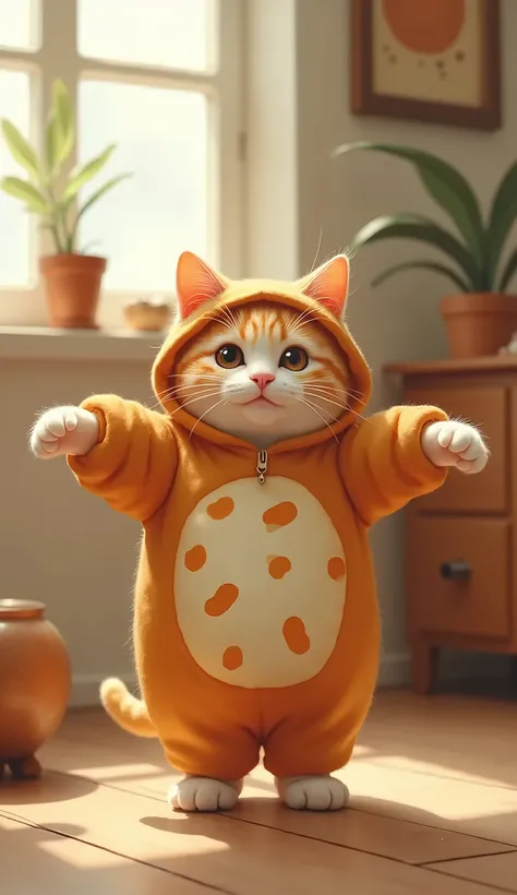   The cat is standing on two legs with outstretched arms Paint the scene in a photorealistic style .   The cat is wearing a cute costume with a bread motif  ,  wholeに暖かい雰囲気を醸し出し、 has a happy expression  .   in the background 、 There is a playfully decorate...