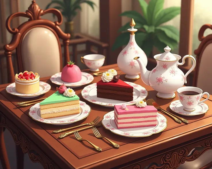 wooden luxury table ,  tea set and plate with two cakes, anime drawing