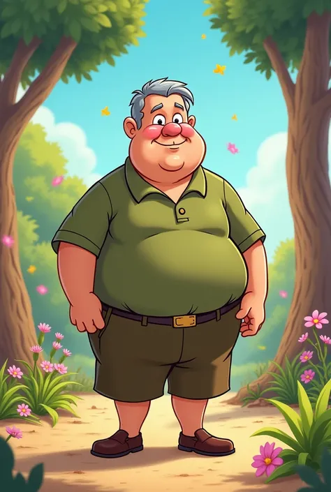 I want to make a Disney cartoon that has a man of about 46 years old, tall, fat, with dark eyes, without a beard with short gray hair