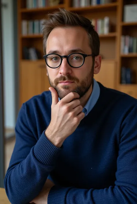 Un homme dâge moyen, chauve, avec des lunettes rondes à monture noire qui ajoutent une touche dintelligence et de sérieux à son apparence. Son visage présente des rides subtiles, notamment autour des yeux et du front, témoignant de son expérience et de sa ...