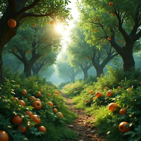 Create a photorealistic image of a dense forest landscape filled exclusively with fruit-bearing trees, berry bushes, olive trees, hazelnut trees, chestnut trees, walnut trees, and various vegetable plants. All fruits and vegetables remain unharvested, grow...