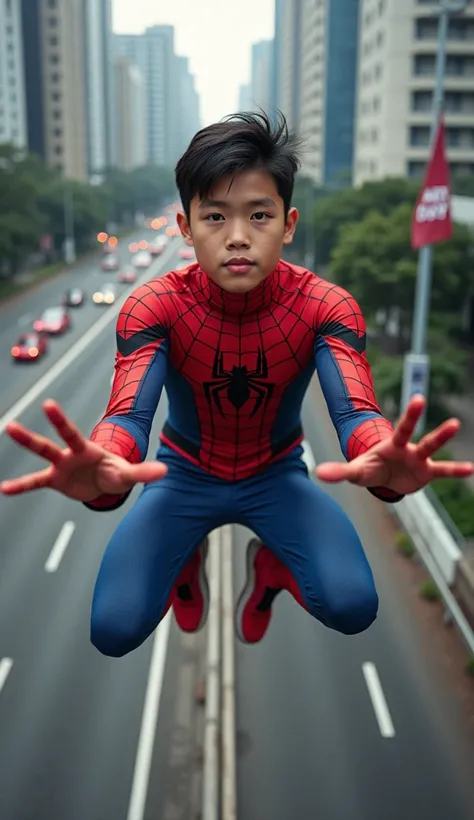 Hyper realistic photography of a 17-year-old Indonesian man wearing a spidermen costume without using a mask ,  acting with a distinctive net from his hands between buildings high above a highway with a pole with a written flag "Art Day ".