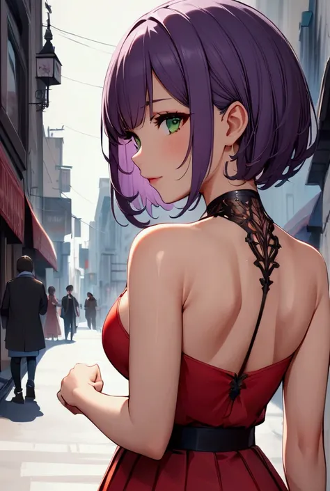  one girl, High resolution, unique, short hair, purple hair, hair above shoulder, Acute poetry,   green eyes, detailed , (rinslet  walker)  cute red dress, breasts, On the street,  ( rinslet walker)High resolution, Great work,  Anatomy is correct,  back vi...