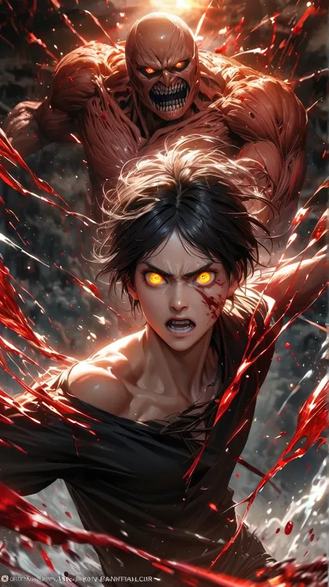  High quality, ultra realistic,absurdres, highres, ultra detailed, HDR, masterpiece, extremely detailed face and eyes,  eren yeager  , attack on titan ,, black hair ,black shirt , solo, ,man, handsome, ,white eyeleshes, yallow eyes , Epic fight scene, yall...