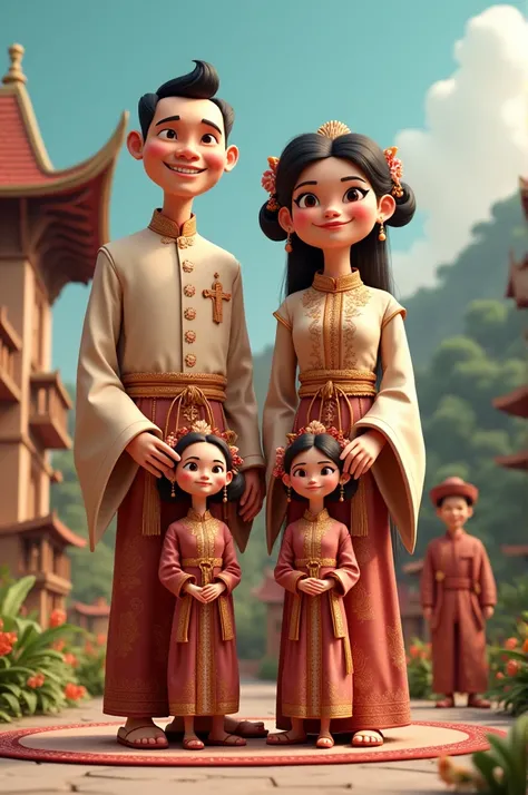 3D caricature of a male couple wearing traditional Minang clothing, Teluk Belanga clothing and taller than the woman women wear traditional clothes from Minang, bundo kanduang clothes, Minang background