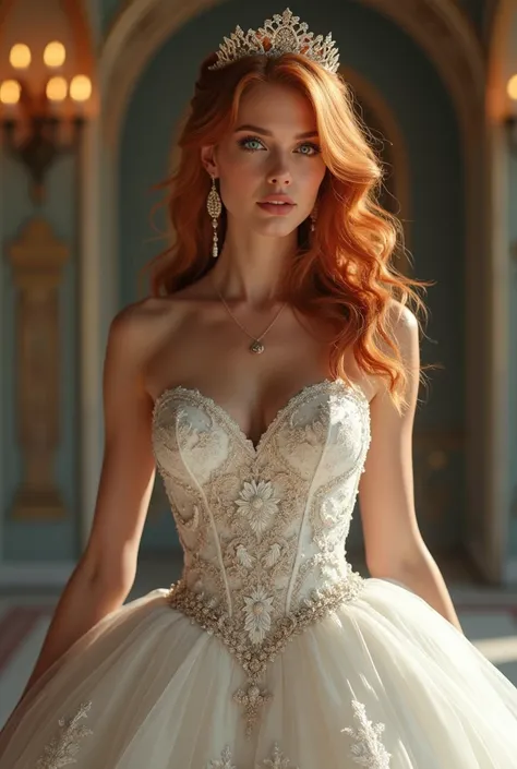 Beautiful woman, blue eyes, perfect nose, full and reddish lips, long, wavy copper-colored hair, slender and voluptuous body, defined arms, long and athletic legs, large breasts, wears a princess wedding dress, sweetheart neckline, bare shoulders