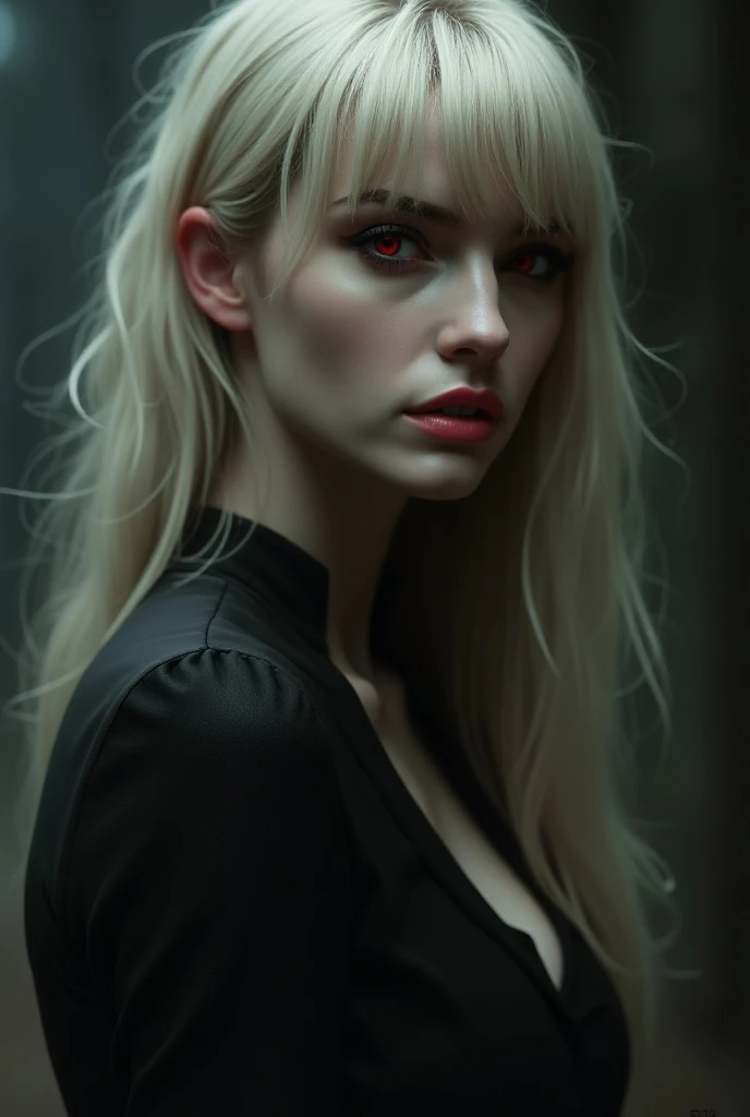 une femme vampire blonde avec les yeux rouges et une frange les cheveux longs avec des contours noirs