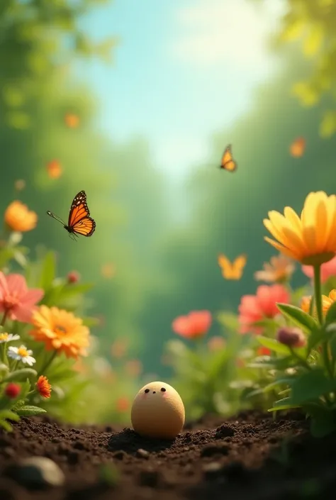 (photorealism:1.2), A bright garden with flowers, butterflies, and one little seed sitting on the soil, looking up at the sky.