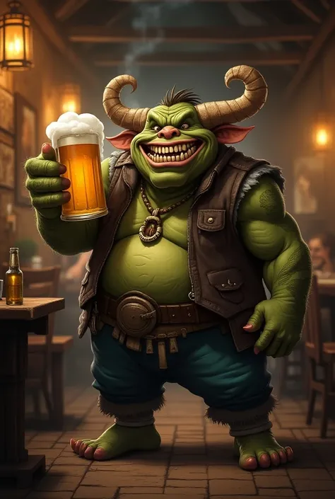 troll de la bande dessinée de ( Lanfeust de Troy)  ce tenant avec une choppe de bière en main avec un grand sourire dans un pub