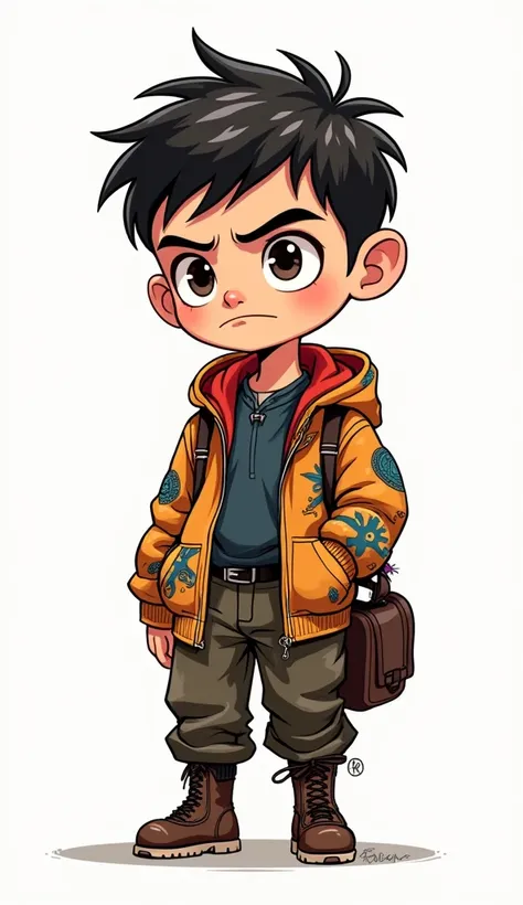 A Cartoon boy , no smile , white background , waering amazing clothes