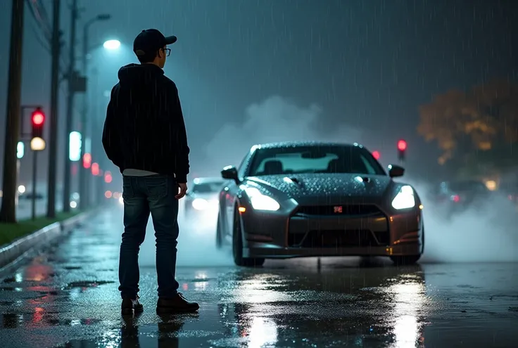  narrates the scene of a young man wearing a hat ,  wearing a black sweater and jeans ,  standing on the pavement on a rainy night .  He is looking at a shiny GTR R35 driving through the road .,  Your admiration is evident in your eyes .  The light from th...