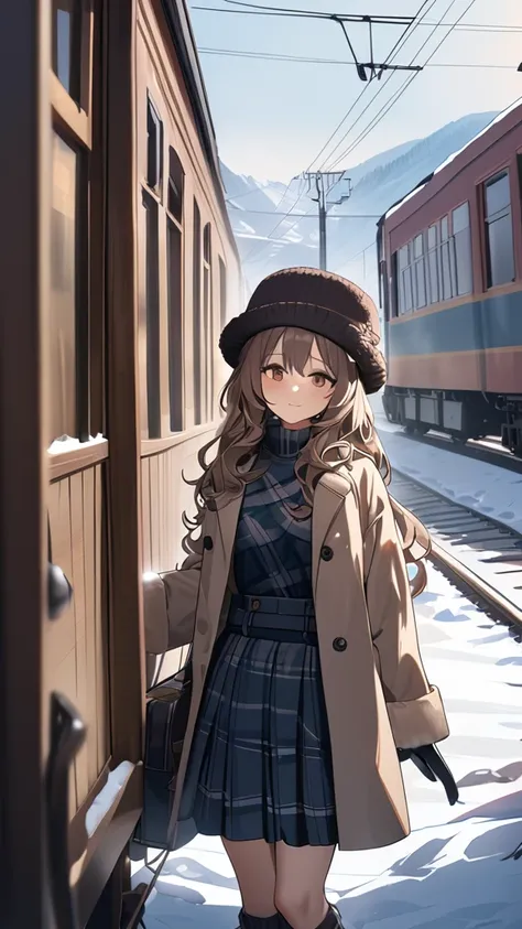 1 girl, ( cute face), ( loose wavy hair :1.2),  fantasy anime costume ,  wearing a woolen hat,  winter flare skirt ,  big chest, Smile,  Pottery Skin , break, Soft Light, (Cold Light:1.2),  cool clear air , Gentle Shadows, Cold day atmosphere , break,  Sib...