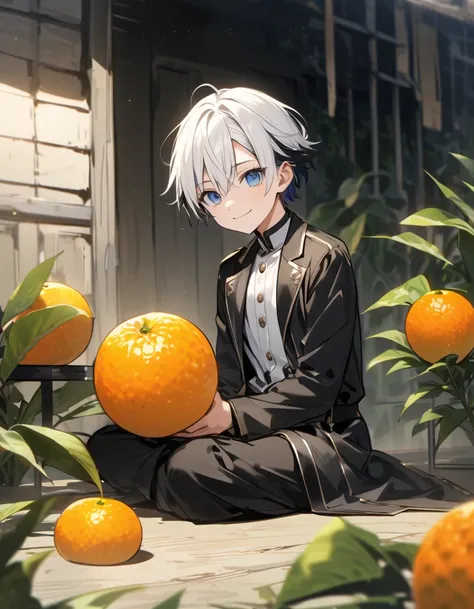  handsome, Alone, juvenile,  short hair, smile,young, 優しいjuvenile, White hair with black highlights,Melon orange fruit、Black and blue eyes, black and white coat, Multicolored Hair,  calm , stand, 4k highres,  per flower position, まだstand