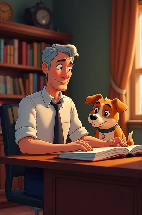 I want to make a Disney cartoon that has a man about 46 years old, tall, bodyy, with dark eyes, beardless with short gray hair with a dog sitting at a desk