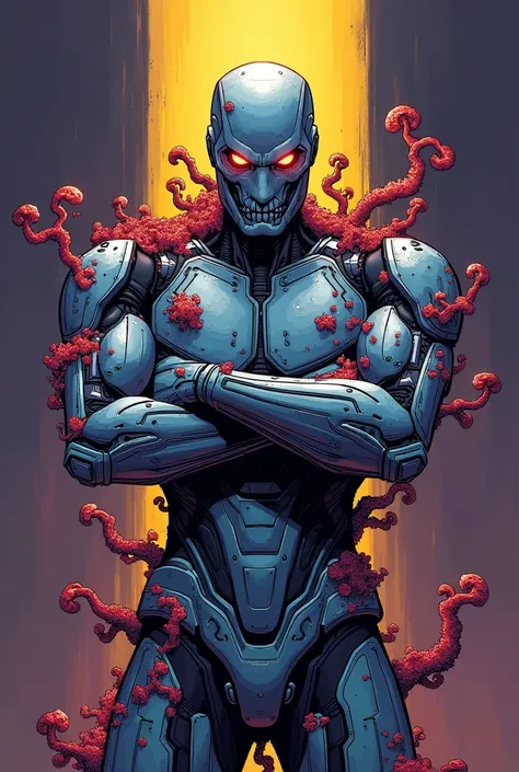 Ultron (fungal version ): "Desenhe Ultron em uma fungal version  com estilo HQ moderno.  He is in an upright and threatening position , crossed arms and cold expression ,  mixing its robotic carcass with biological elements of fungus .  Use precise contour...