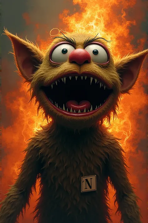 Crazy psychopathic Muppet with flames in the background and the letters AON on a label