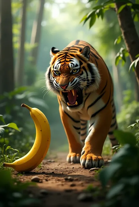 A tiger and banana fight in the jungle and the Pheless tiger is defeated by the banana jungle background  realistic, full body 4k