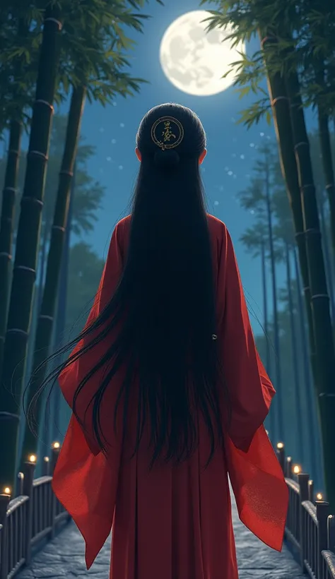  Kaguyahime , (heian  red :1.1) kimono,  Wide sleeves,  red  (Karanuma :1.1), laye red  kimono, 1 Girl,  alone,  dark hair  (Ji Qie:1.2)  very long hair spread out, ( to a standing, From the back), beautifully, Aesthetic , Wide Angle,  movie lights from th...