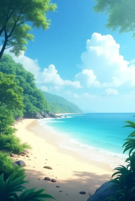 A beautiful view of the beach surrounded by green trees,  blue sky , white clouds,  of the best quality ,  masterpiece , 4k resolution