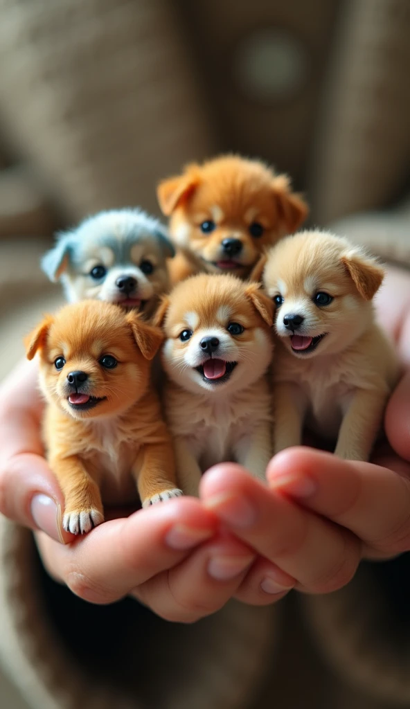 The 5 smallest colorful puppies sitting on the fingers of a human hand 、最も小さなカラフルな5匹の子犬,   detail texture ,  photorealistic, 8k,  hyperdetail , Complex, Precise, masterpiece, Wonderful, Color of Rambo ,  Soft Writing,  Depth of field  , Dog Portrait , Smil...