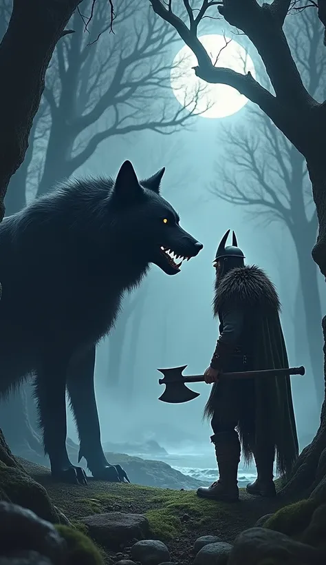 The Viking and the Black Wolf: "Design a dramatic digital artwork or photo manipulation featuring a Viking warrior squaring off with a massive black wolf in a mist-laden, ancient forest. The Viking, wielding a heavy battle axe and adorned with a horned hel...