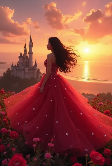 sunset, Castle, Roses and Other Flowers, Full Length Girl Beautiful Chubby Figure, Big ass, big tits, Thin Chic Dresses All in Sequins and Pearls, bright colors, Long Thick Lush Hair Fluttering in the Wind, Colors of the Raspberry Rainbow, Beautiful View w...