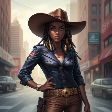 visos Masterpiece copy ,  best quality ,  ultra high resolution,  realistic skin texture,  comic book style , 4k image, linda, an African-American girl , dreadlocks, belt, hand on hip, hat, alone, long hair, Wristwatch, purple eyes, watch on left wrist, br...