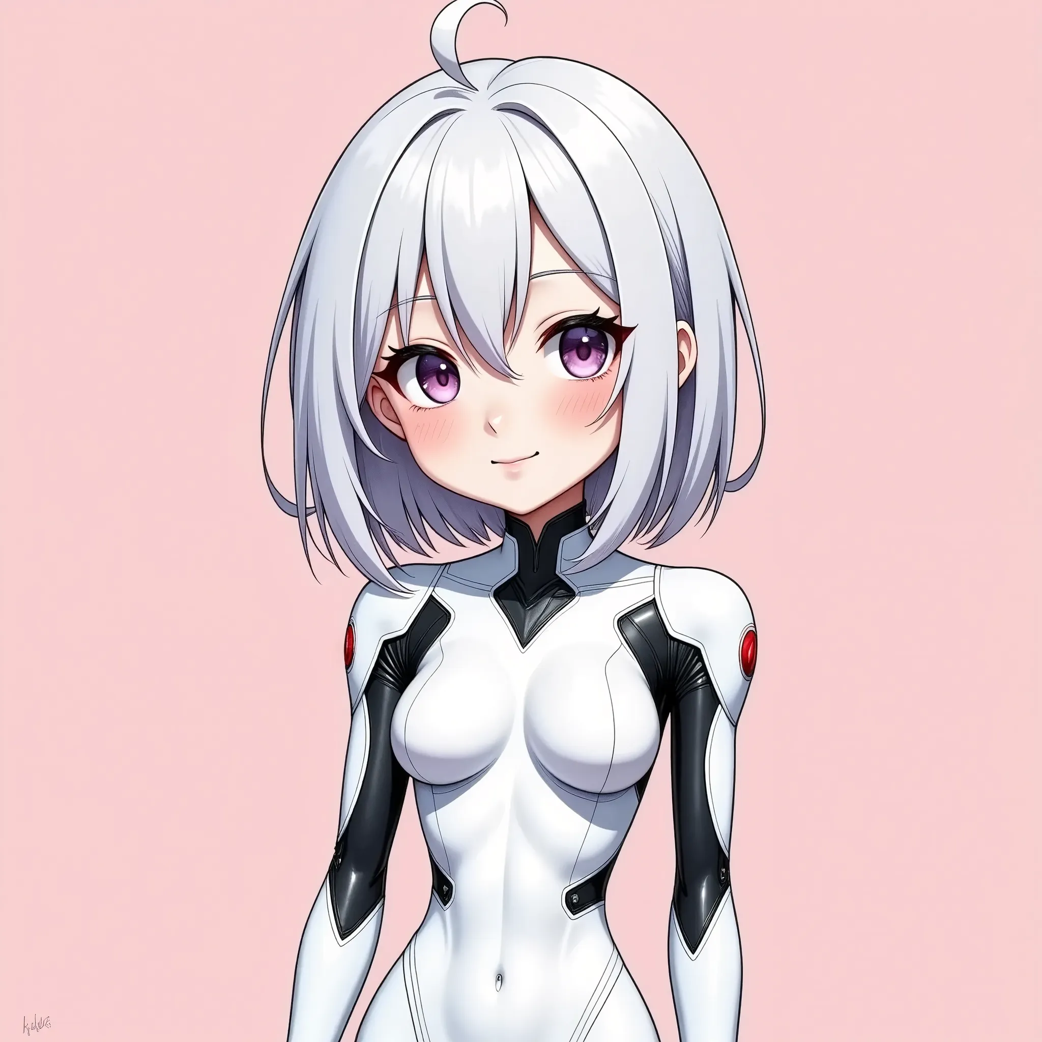 (masterpiece,  best illustration ,super detailed),( android woman),(front:2.0),( cute),( see here:2.0),(smile:2.0),(chibi charac...