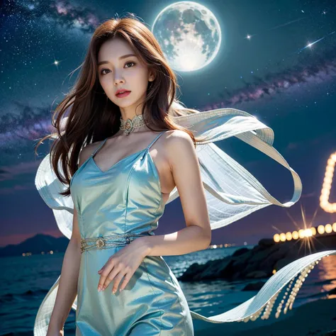 ( 最 high quality,16k, High image quality,masterpiece:1.2),  ultra detail  ,Realistic:1.37,  galaxy background  ,Shining Star,Mysterious atmosphere,  bright color,Grace,Mysterious,Celestial Bodies,moonlight,reflection,  cosmic energy  ,Distant Galaxy,  Dazz...