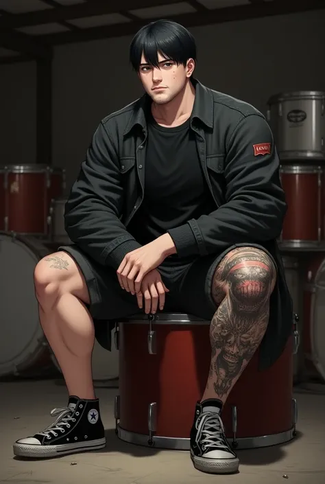 Draw me a 2D anime image of an ugly man, weighing 80 kg, wearing a black detailed t-shirt, detailed black long sleeve Levis jacket, shorts, black t-shirt WHY? Full Right Leg Detail Mori Tattoo Complete Standing Hand Detail Without Tattoo. Black Front Bangs...