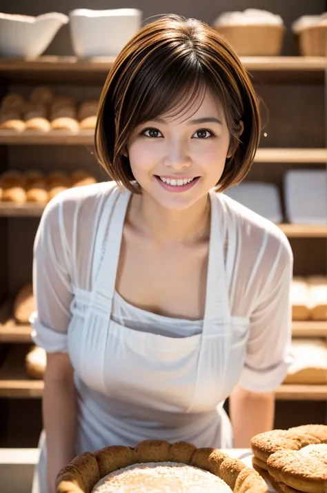 (8k, RAW photo, photorealistic, HQ, masterpiece), a cute Japanese woman, (glowing eyes), 
(light smile ), brown hair, Pixie Bob hair, (Female bakery clerk), dynamic pose, blurred background, depth of field, natural lighting, backlighting, face lightning, 