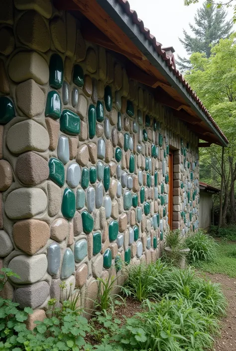 Create a Residential house wall made of water bottle filled by sand and join together by a cement mortar   made it realistic and the bottles should used as a stone for wall