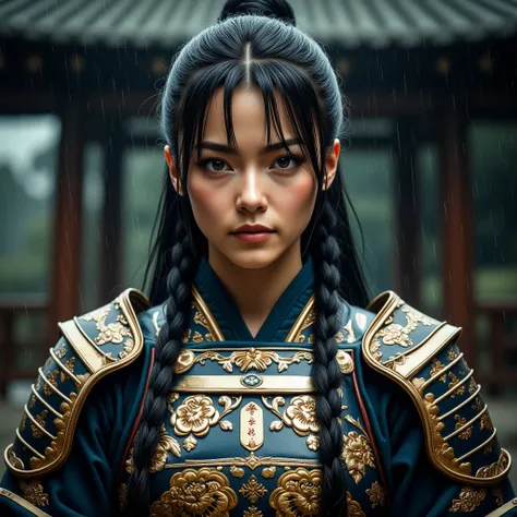 An extremely detailed portrait of a beautiful Japanese female samurai warrior stands under the rain, exuding strength and focus. She has a fierce and determined expression. She wears intricately crafted armor with gold and black accents, now enhanced with ...